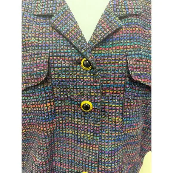 VTG Doncaster Womens XL Silk Tweed Cropped Jacket Rainbow button boxy Black